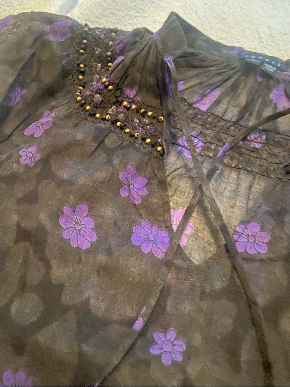 Theory Sheer Black Floral Tie-Neck Blouse with amethyst and wood beads